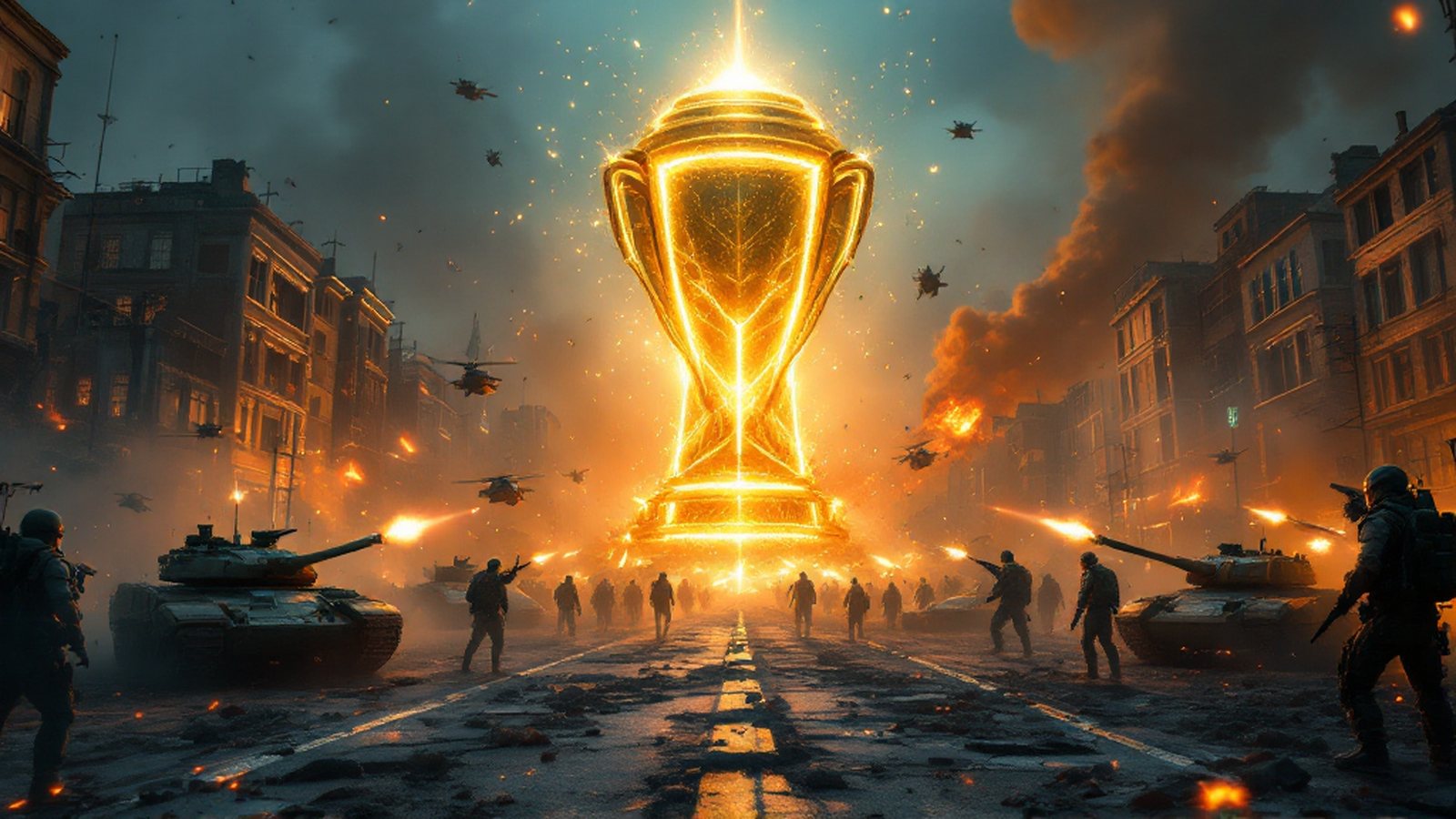 A glowing golden trophy towering over a war-torn city street at dusk, tanks firing and infantry advancing toward it through smoke and embers