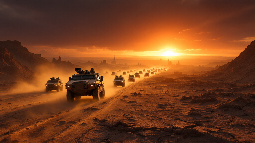 A military convoy crossing a cracked desert wasteland at dusk, headlights on, ruined city skyline on the horizon