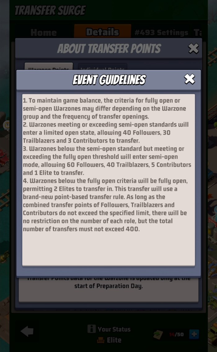 In-game Event Guidelines popup listing the exact seat quotas: 40/30/3 for limited open, 60/40/5/1 for semi-open, and 2 Elite point-based seats for fully open