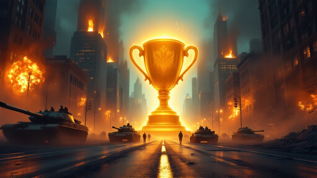 A colossal glowing golden trophy at the end of a burning city avenue at dusk, tanks and infantry advancing toward it through smoke and embers