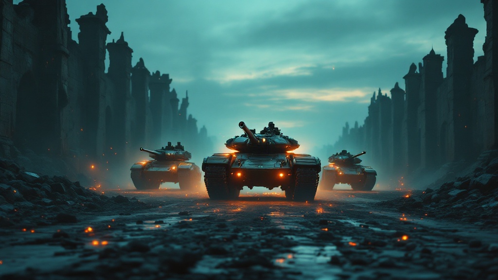 One heavily armoured tank glowing with golden light leading two darker squads in a wedge formation down a ruined avenue at dusk