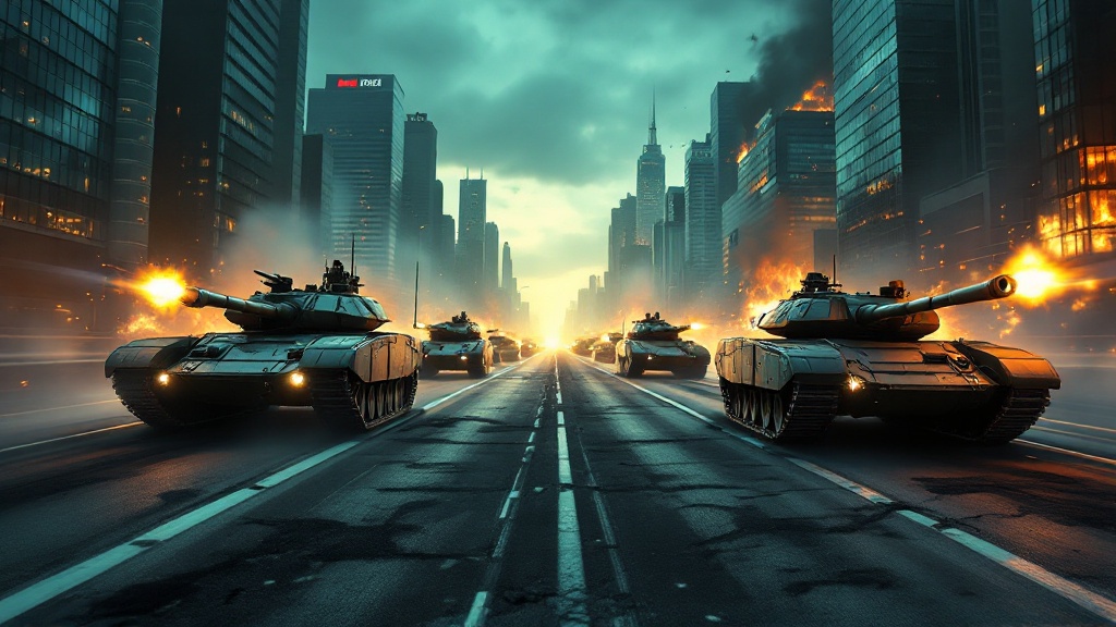 Two opposing formations of armoured vehicles firing at each other down a wrecked city motorway at dusk, skyscrapers burning on both sides