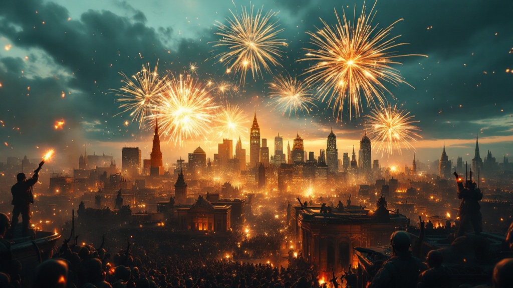 Golden fireworks bursting over a rebuilt city skyline at dusk with crowds of soldiers celebrating in the streets below