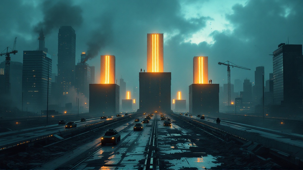 Four floodlit concrete platforms of increasing height receding down a wrecked city motorway at dusk, each topped with a column of gold light